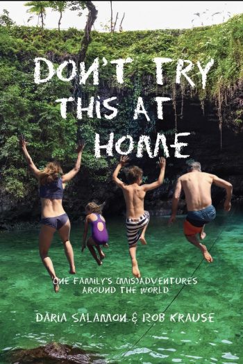 Family travelling, jumping into water